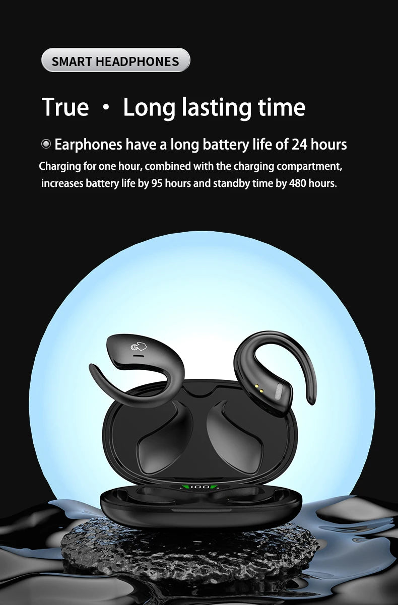 Open Ear Bluetooth Headphones 30 Hours Playtime/True Wireless Earbuds with Ear Hook Air Conduction Clear Calls Waterproof