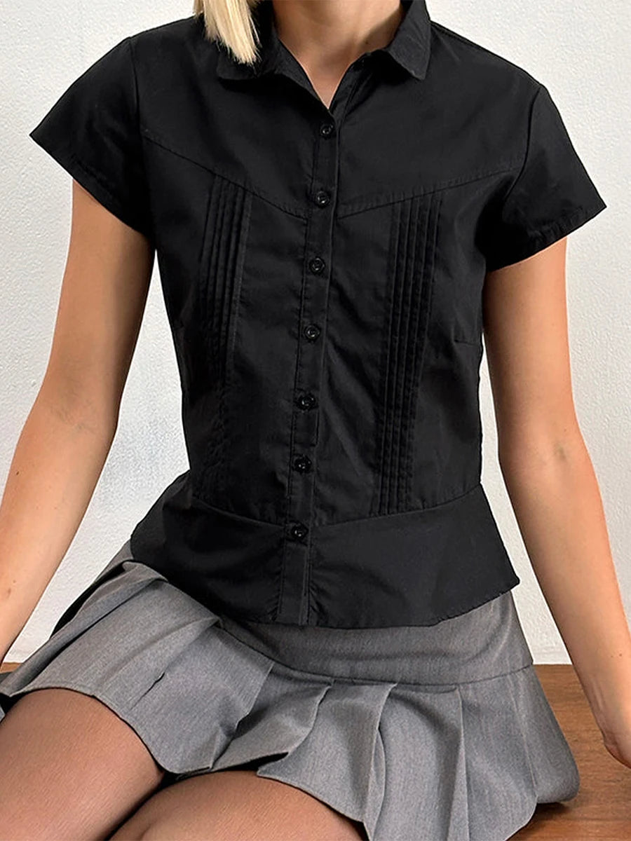 Women s Casual V-Neck T-Shirt Loose Fit Short Sleeve Solid Color/Button Down Pleated Blouse Summer Tops for Ladies