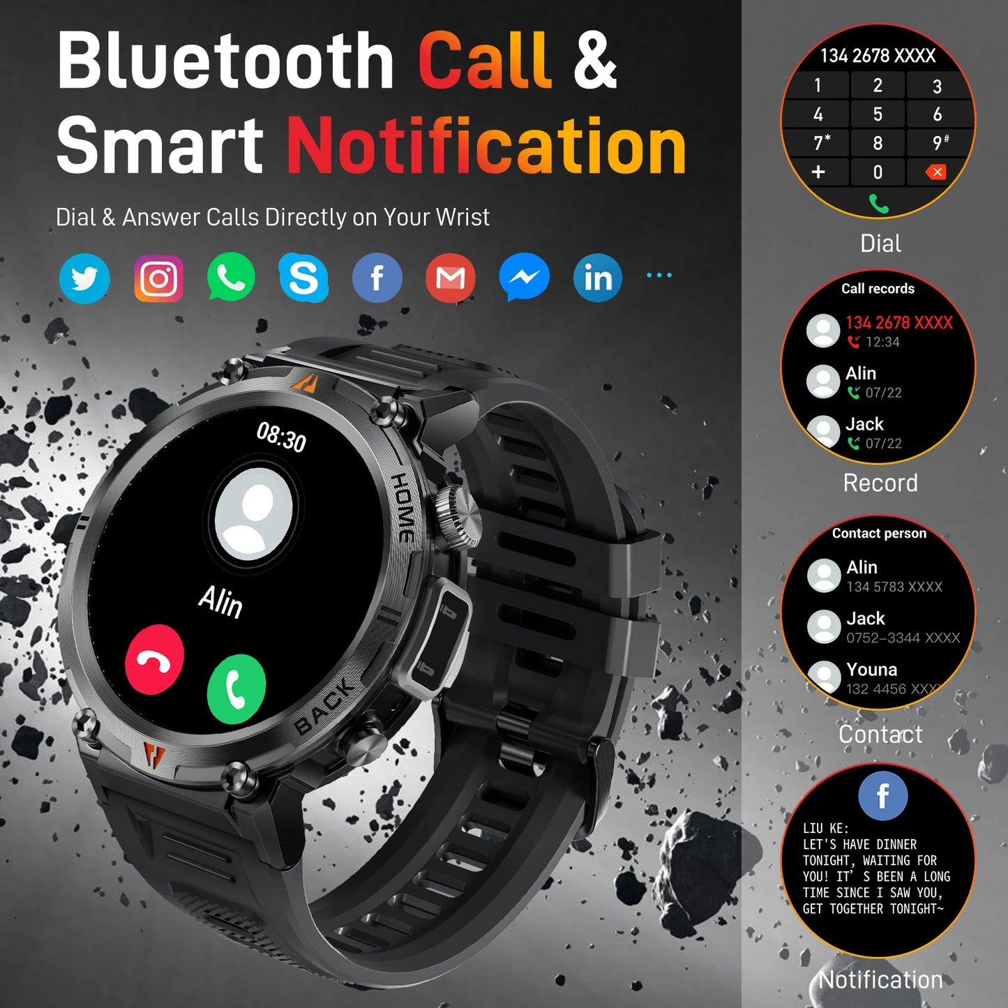 LaNikar KE3 Black Bluetooth Call Smart Watch Men Full Touch Screen/Health Monitor With Flashlight Men Smart Watch For ios Android