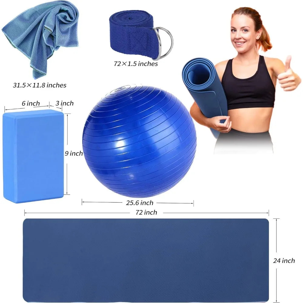 Yoga Starter Kit - 11-Piece Set with Yoga Blocks/Strap Ball, Mat, Carrying Strap, Net Bag, Cooling Towel