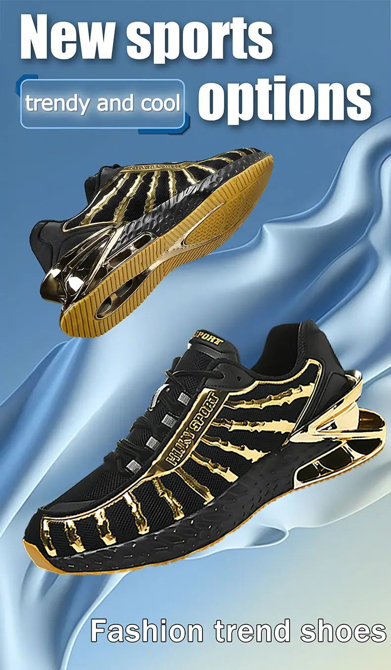 Men's air cushioned road running shoes, breathable weaving lightweight/and fashionable walking sports shoes, gold and silver