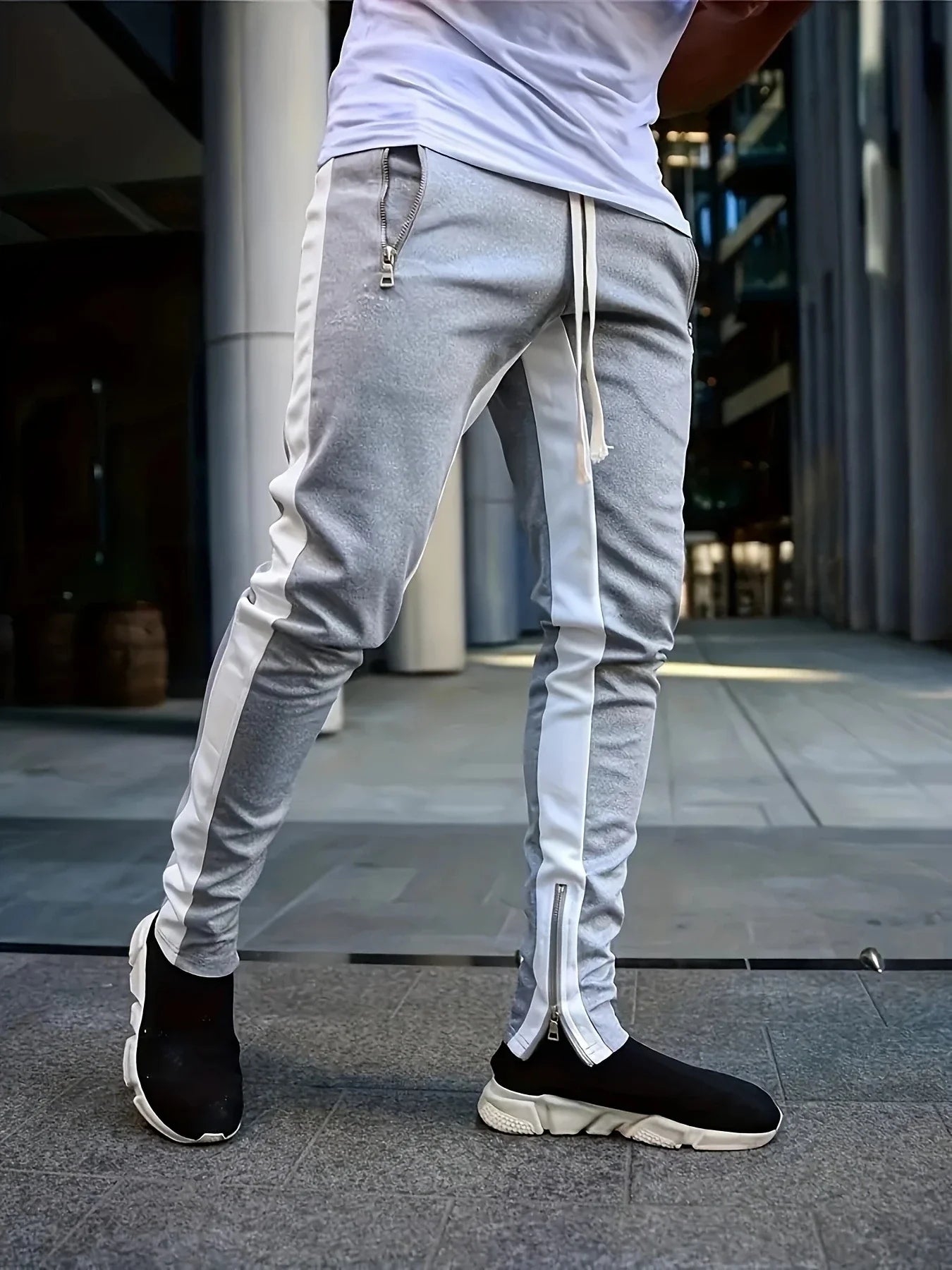 Men Sweatpants Jogging Pants Men Casual Pants Men Stylish Color Block/Zip Pockets Drawstring Sports Skinny Pants Trousers Pants