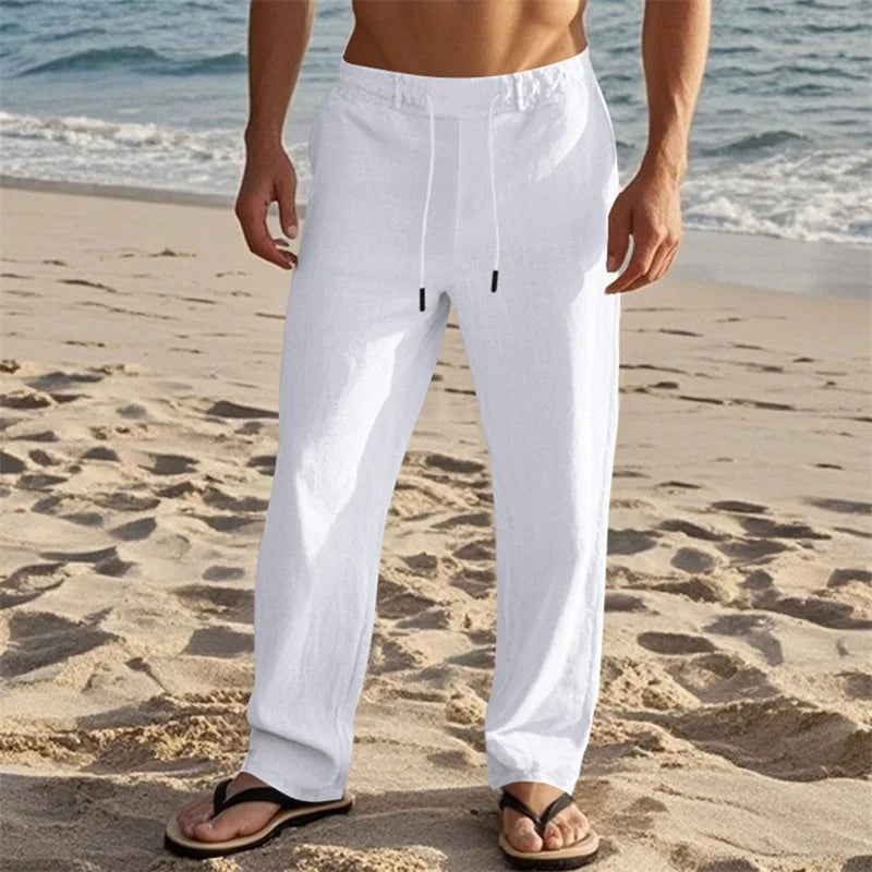 Men s Lightweight Drawstring Linen Pants with Pockets Comfortable/Straight Leg Casual Trousers for Summer Beach Wear