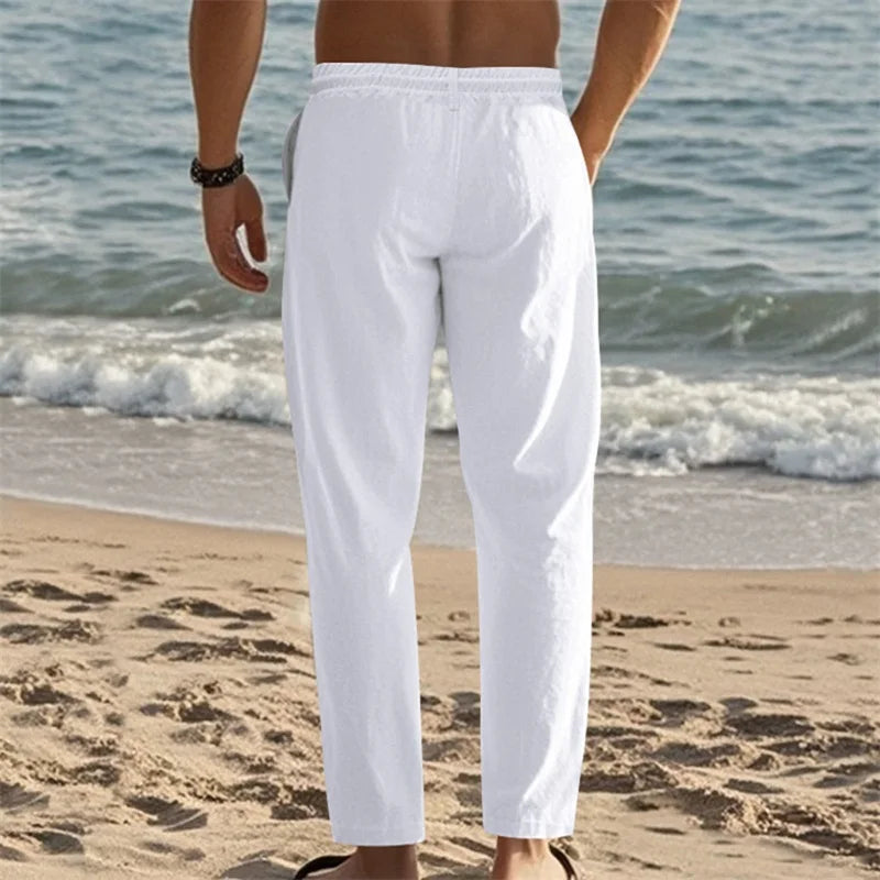 Men s Lightweight Drawstring Linen Pants with Pockets Comfortable/Straight Leg Casual Trousers for Summer Beach Wear