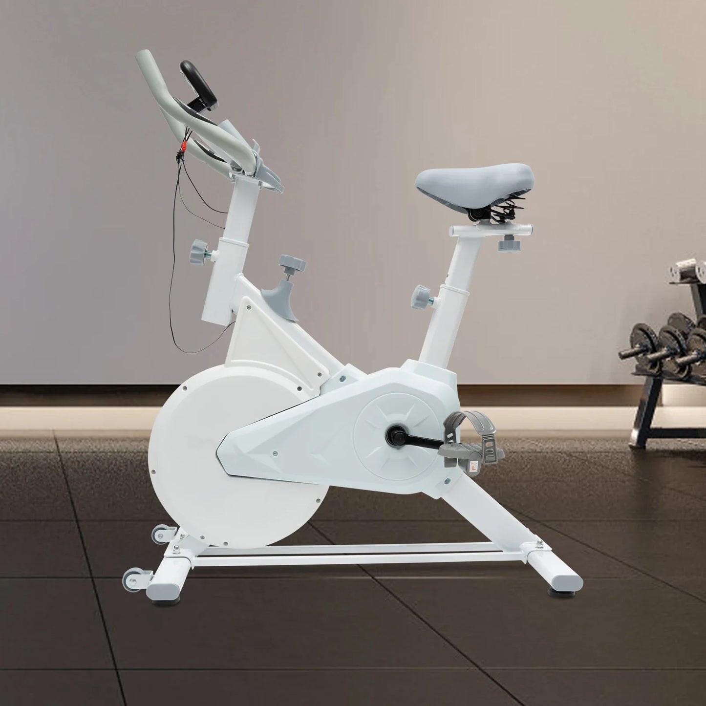 Indoor Fitness Bike White Exercise Bike Wool Pad Silent Braking/Adjustable Seat/Handle LCD Display, 80kg Capacity