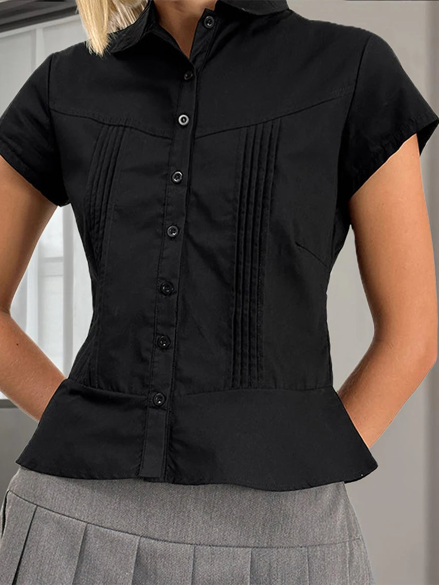 Women s Casual V-Neck T-Shirt Loose Fit Short Sleeve Solid Color/Button Down Pleated Blouse Summer Tops for Ladies