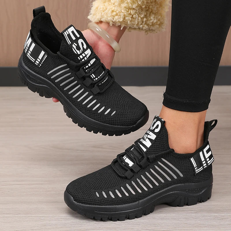 Women's Fashion Mesh Shoes New Trendy Design Breathable/Cool Comfortable Anti Slip Sole Outdoor Walking Flat Lace Up Shoes