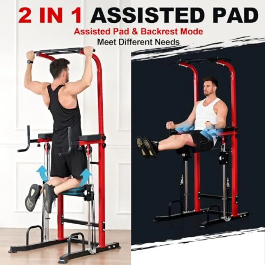 Power Tower Dip Station with Assisted Pad Height Adjustable Pull Up Bar/Station for Home Gym Multi-Function Strength Training F