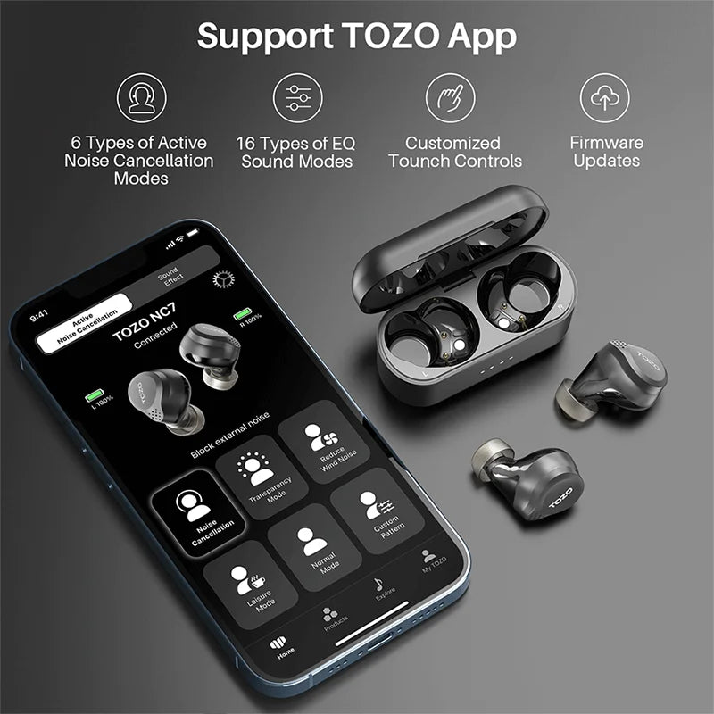 Refurbished TOZO NC7 TWS Earbuds In Ear Wireless Bluetooth Headphones/HD Call with Mic Active Noise Cancelling APP Touch Control