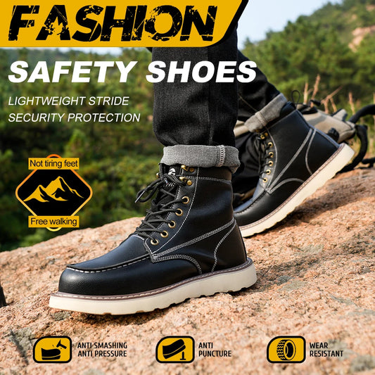 Two layer cowhide men's anti-smash/anti-puncture high top work safety shoes