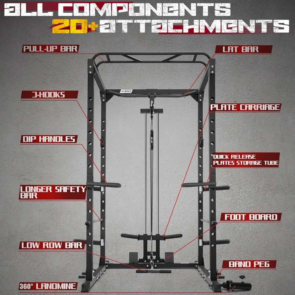 All-in-One Squat Rack, Multi-Function 1000 LBS Capacity Power Cage/with LAT Pulldown, Pulley System, Dip Bar, Fitness Equipment