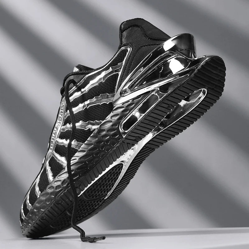 Men's air cushioned road running shoes, breathable weaving lightweight/and fashionable walking sports shoes, gold and silver