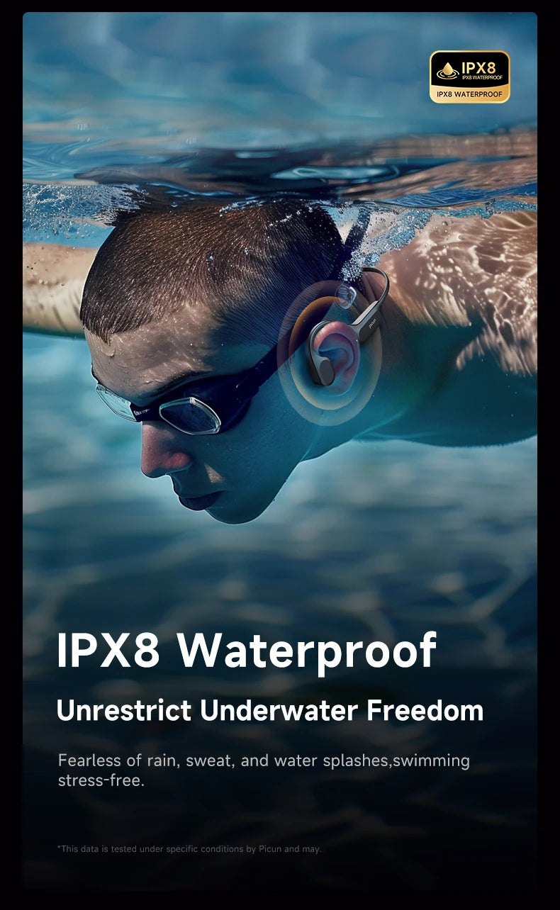 Picun T2 Bone Conduction Earphone IPX8 32GB Bluetooth 5.4 Wireless Headset/Hands-free with Mic Waterproof Earbud for Swimming