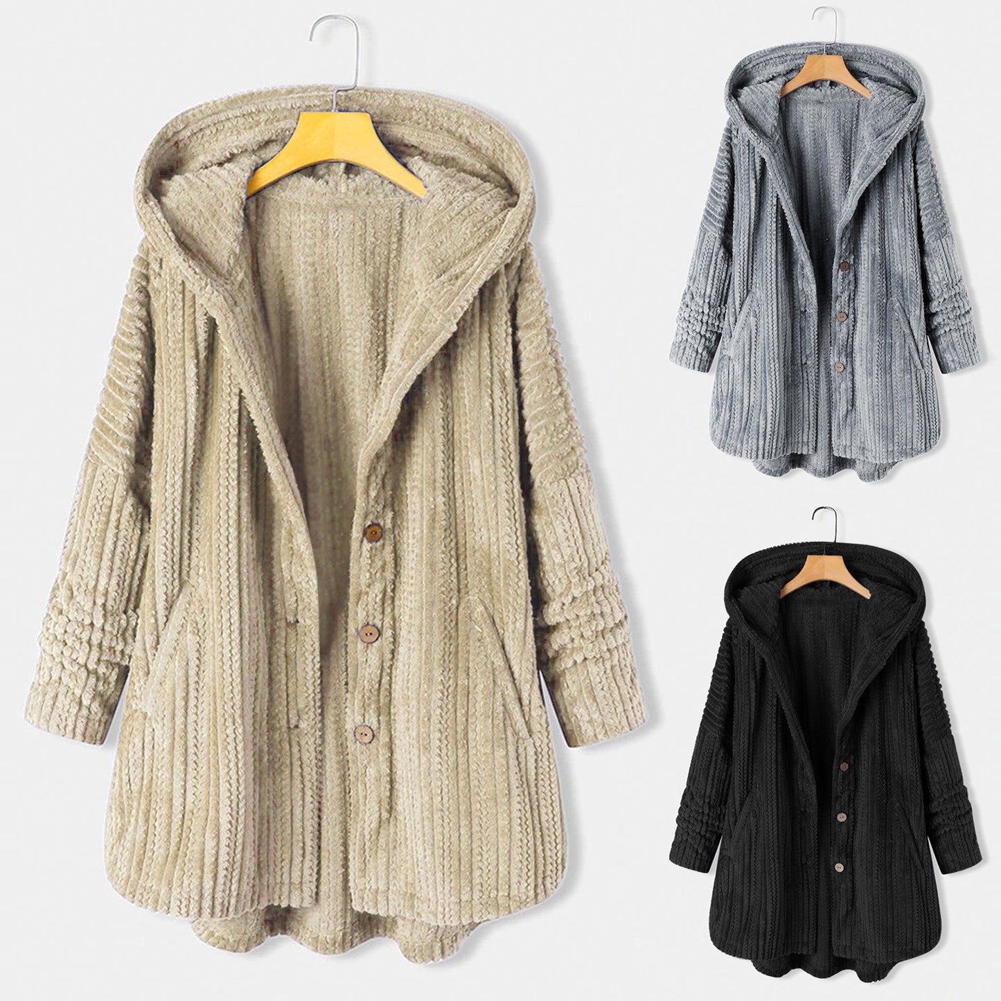 New Women Winter Hooded Cardigan Fleece Coats Long Sleeve Solid Teddy Bear Jacket Single Breasted Outerwear Coat With Pocket
