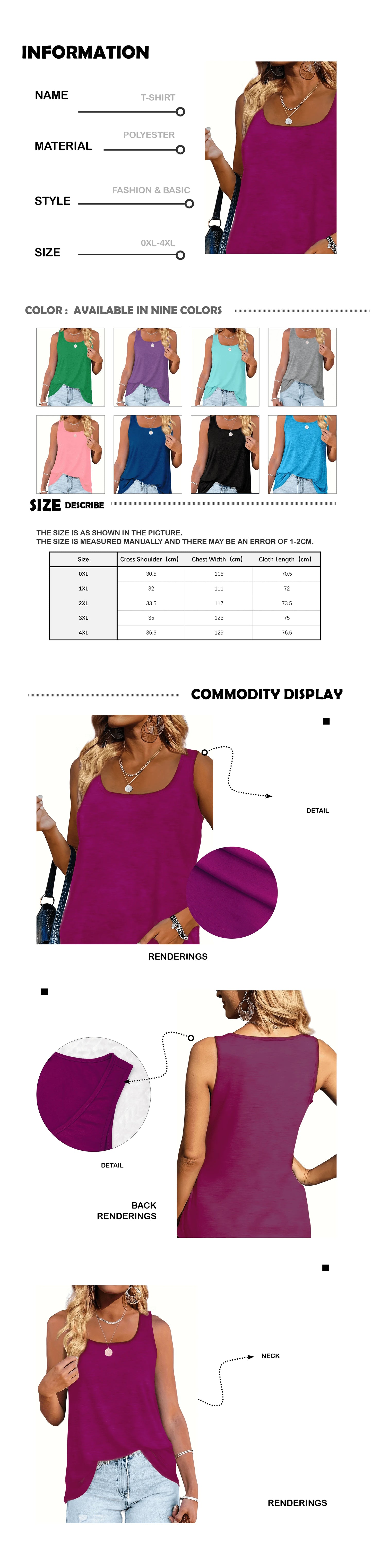 Plus size women's solid color polyester fiber with elastic summer U-neck dolphin hem/simple with classic of American casual vest