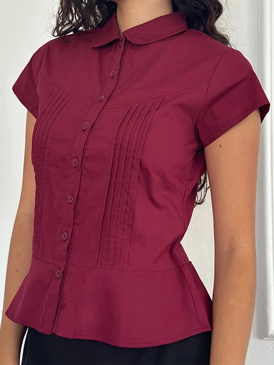 Women s Casual V-Neck T-Shirt Loose Fit Short Sleeve Solid Color/Button Down Pleated Blouse Summer Tops for Ladies