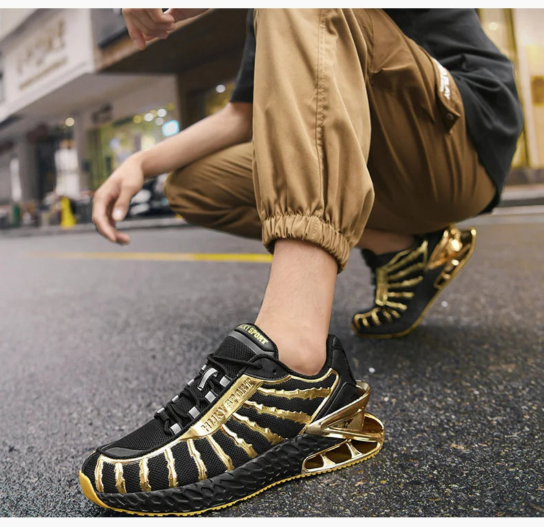 Men's air cushioned road running shoes, breathable weaving lightweight/and fashionable walking sports shoes, gold and silver