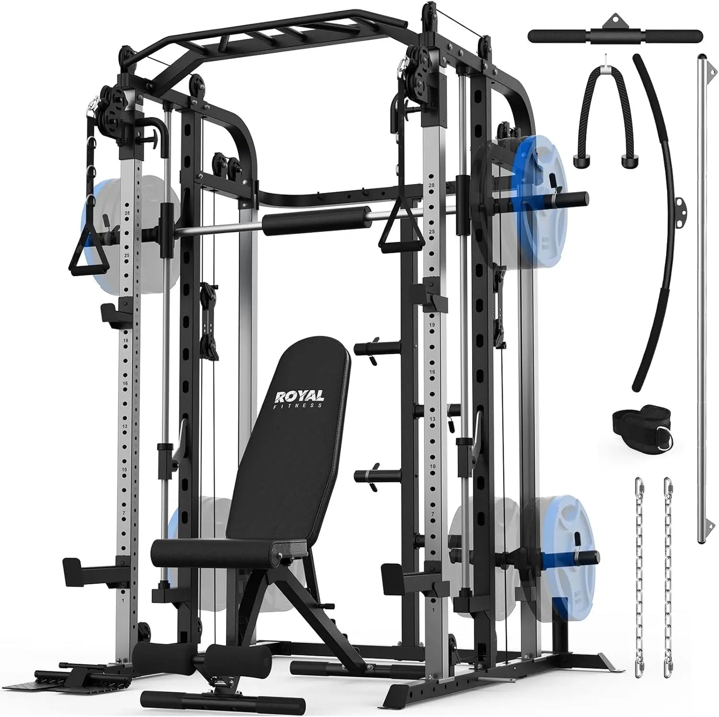 Multifunctional Power Cage Rack with Smith Bar and Cable Pulley System/and LAT Pull Down Machine, Integrated Fitness Equipment