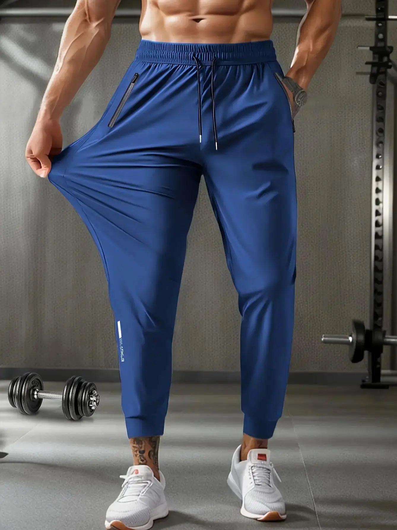 Men's Waist Drawstring Quick-drying High Elasticity Solid Color/Sports Training Outdoor Long Pants With Zipper Pockets