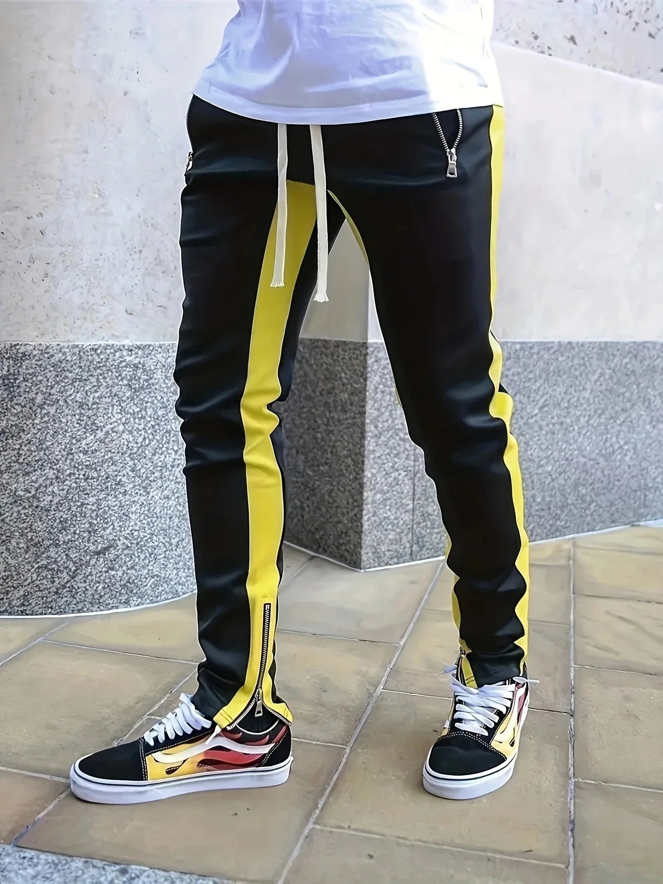Men Sweatpants Jogging Pants Men Casual Pants Men Stylish Color Block/Zip Pockets Drawstring Sports Skinny Pants Trousers Pants