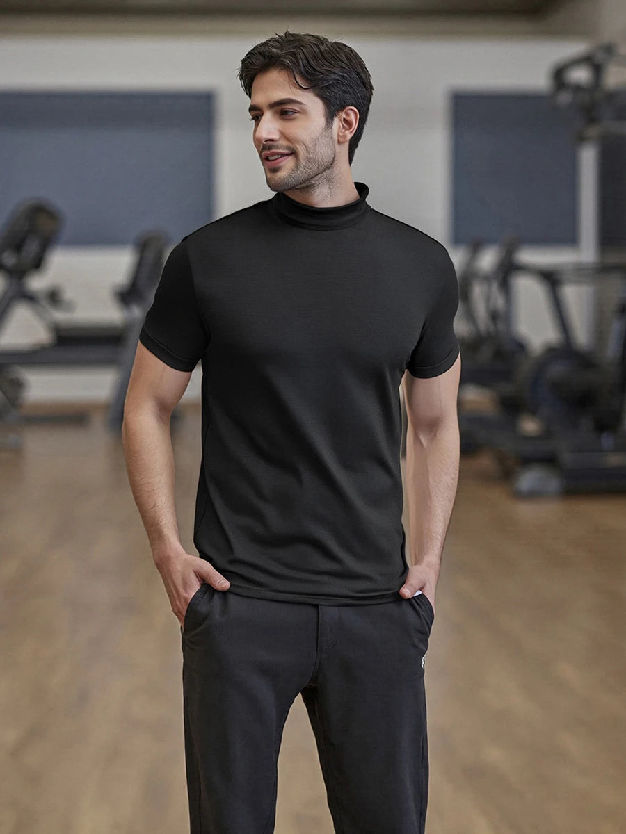 Men s Casual Short Sleeve T-Shirt Fit Solid Color High Neck Summer/Basic Tee Simple Tops for Everyday Wear