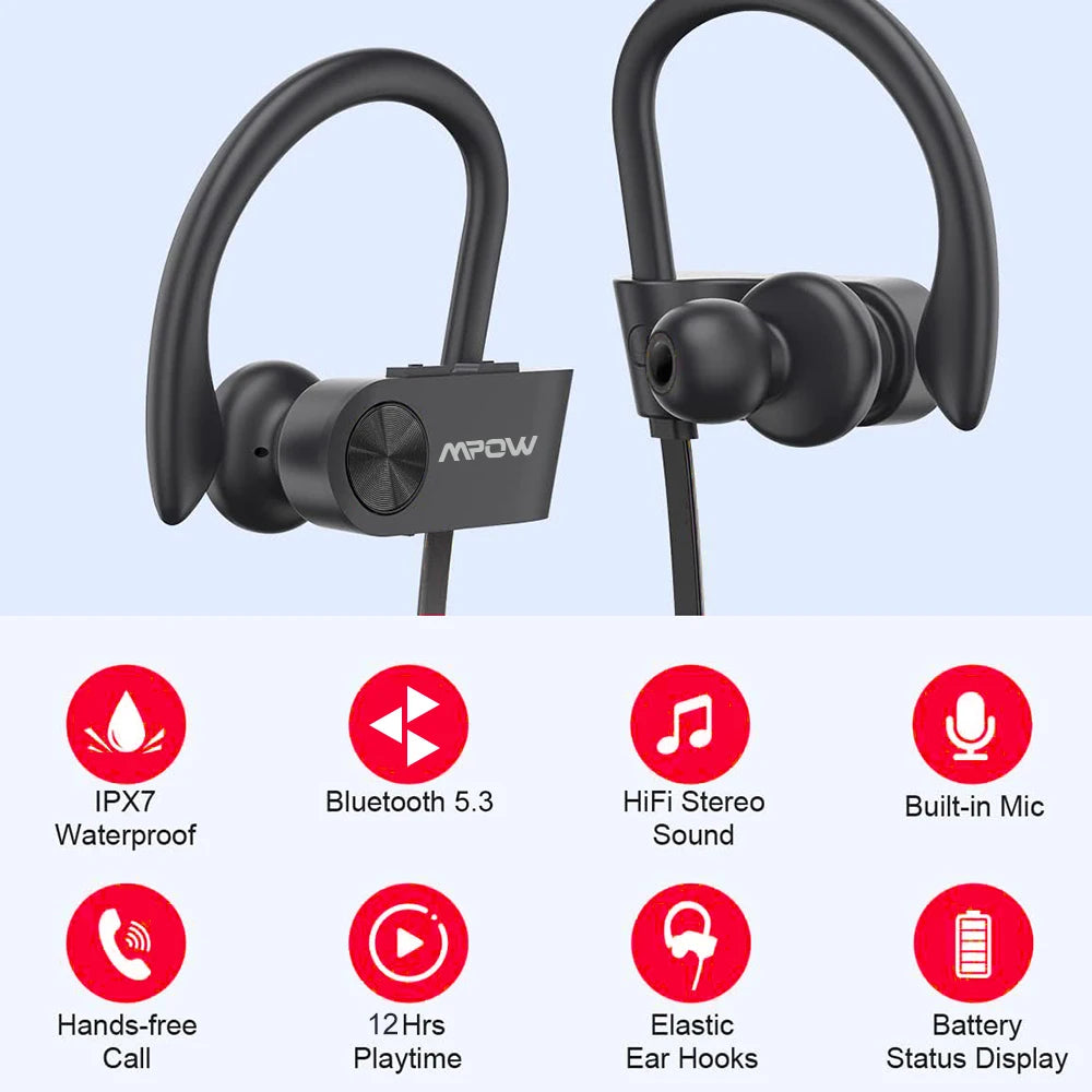 New Version Mpow Flame Sports Earphones IPX7 Waterproof/Bluetooth V5.3 Earbuds 12 Hours Playtime Noise Canceling Mic