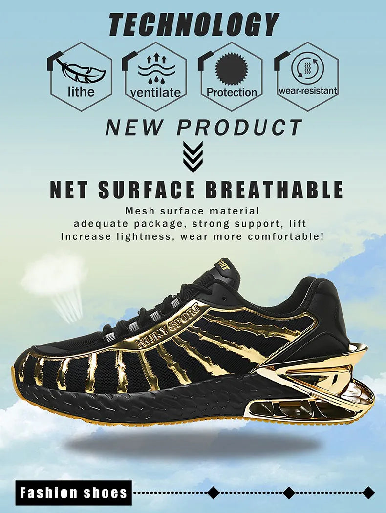 Men's air cushioned road running shoes, breathable weaving lightweight/and fashionable walking sports shoes, gold and silver