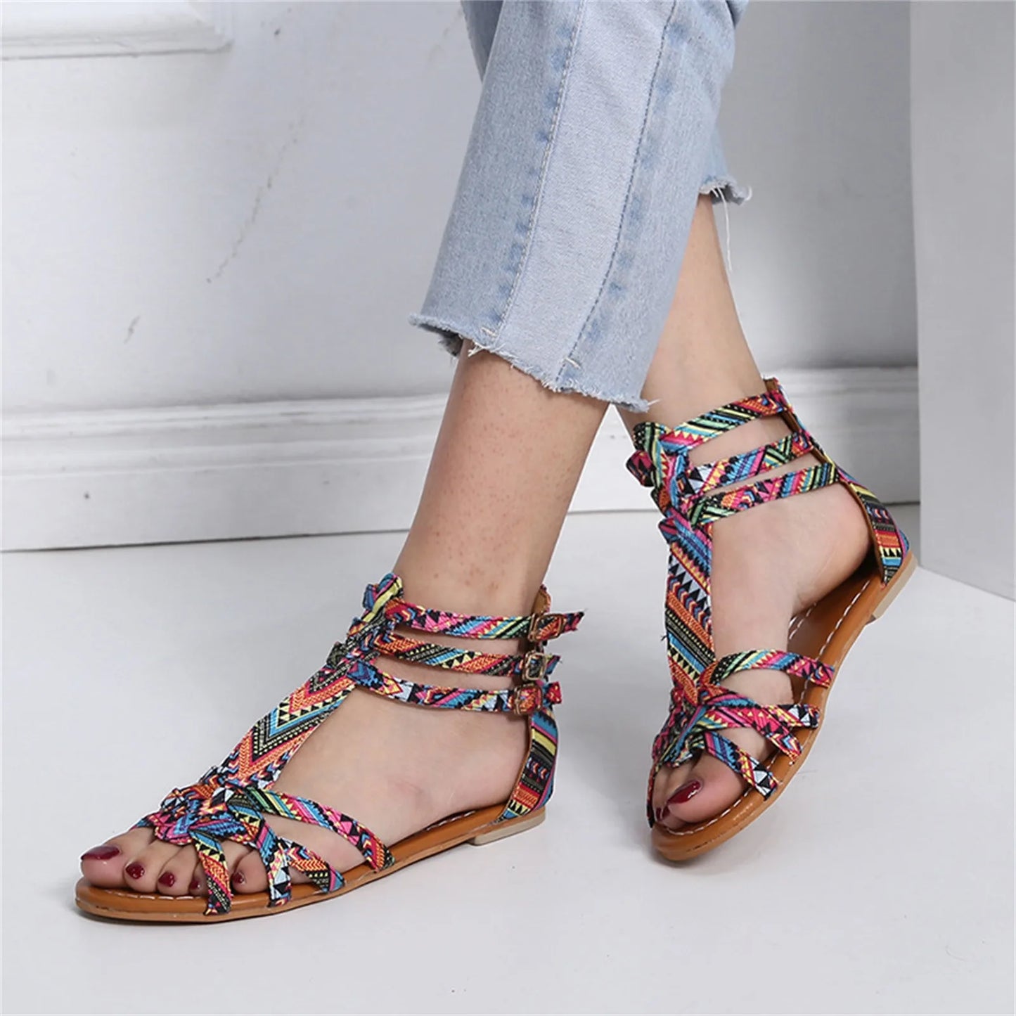 Women Buckle Strap Sandals/Ethnic Style Flats Shoes For Women Platform Sandals