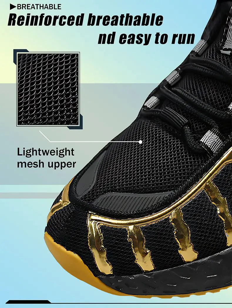 Men's air cushioned road running shoes, breathable weaving lightweight/and fashionable walking sports shoes, gold and silver