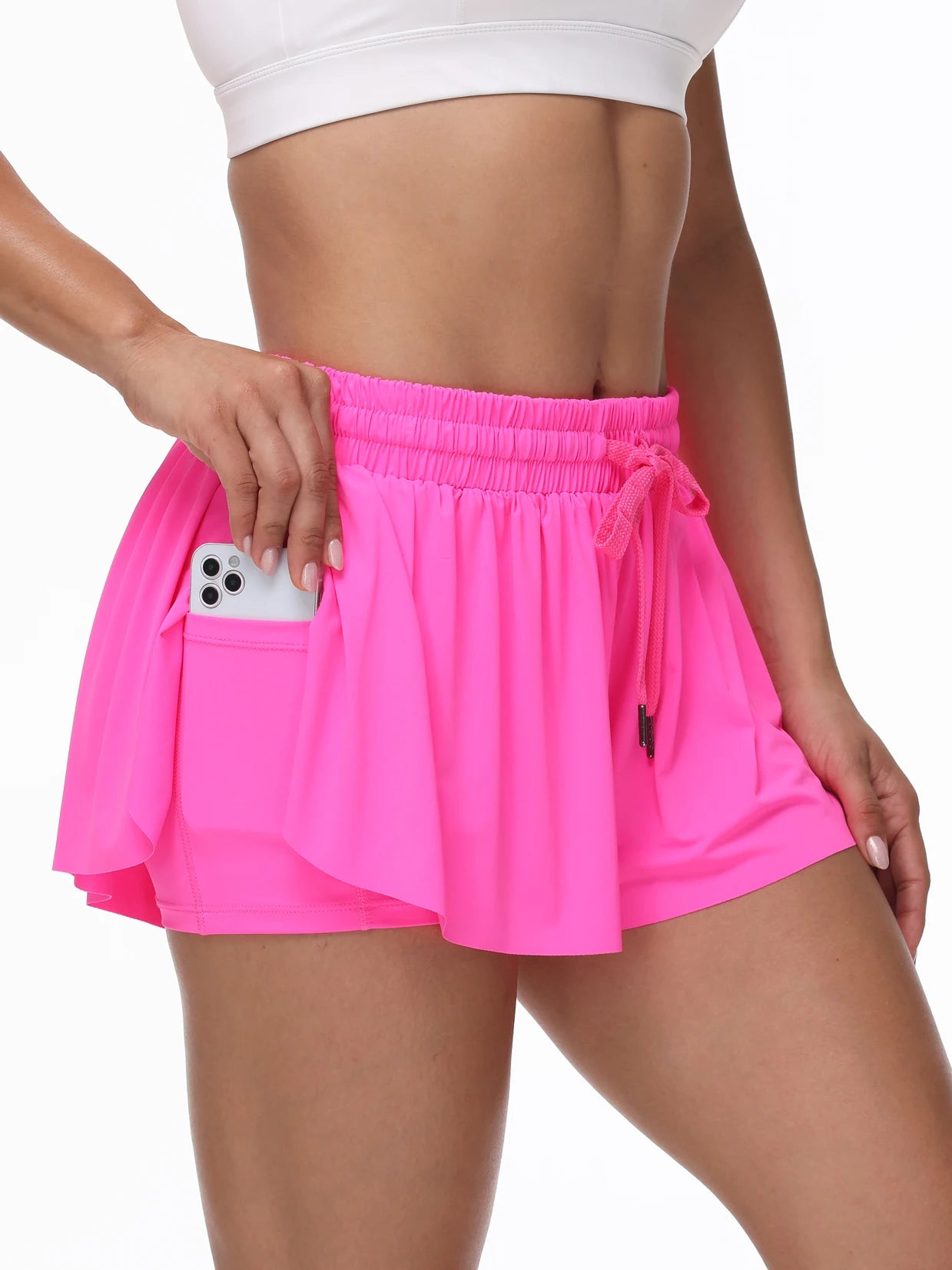 Women's Two-In-One Shorts Gym Yoga Running Sweat-Absorbent Breathable/Tennis Skirt Drawstring Pocket Casual Shorts Quick-Drying