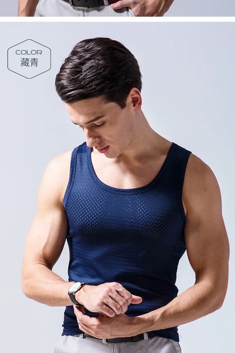 Men's Ice Silk Mesh Tank Tops Gym Stringer Transparent Bodybuilding/Sleeveless Shirt Fitness Vest Male mesh Muscle Shirt