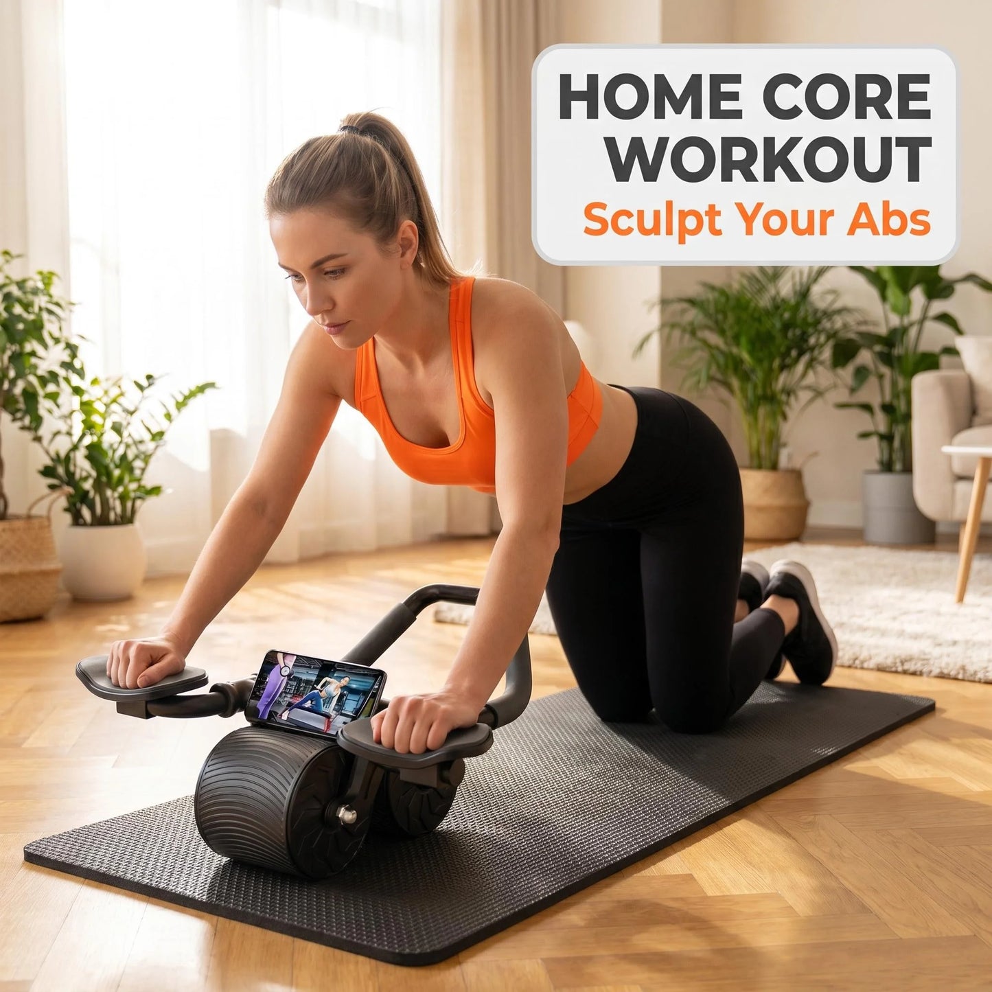 3 IN 1 Core Workout Ab Roller With Knee Pad/Phone Holder Timer Home Fitness Black