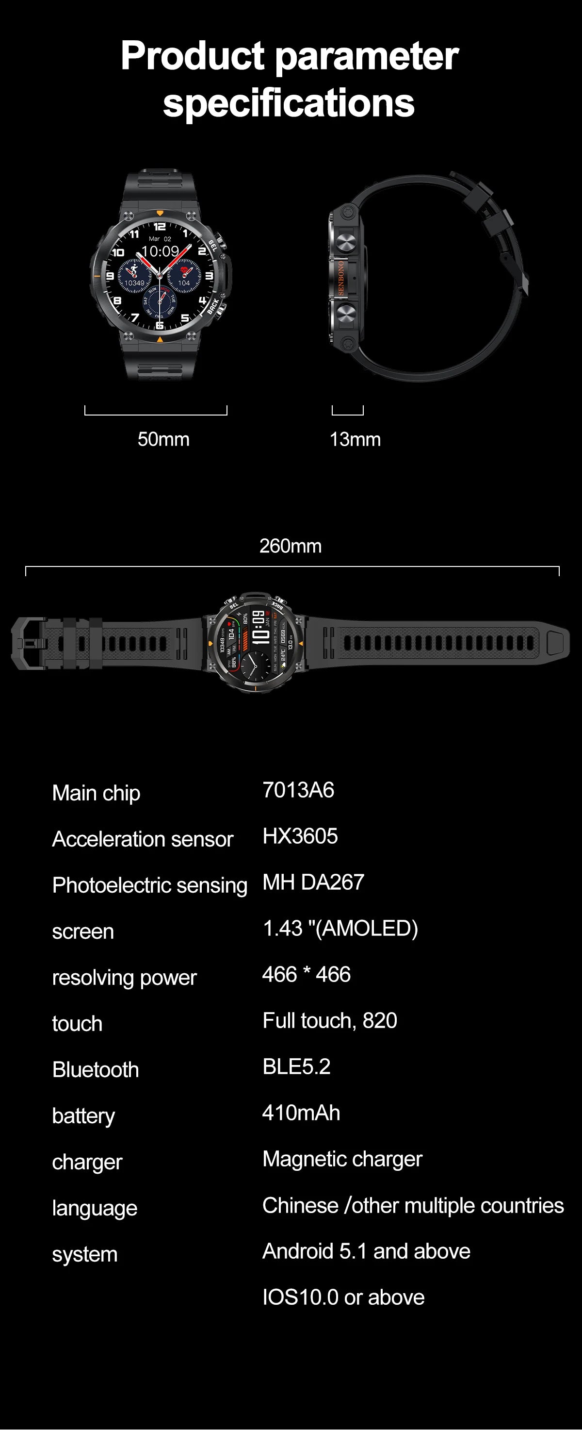 SENBONO MAX18 Smart Watch for Men AMOLED Screen AI GPT Bluetooth Call/410mAh Big Battery Fitness Tracker Men' Sport Smartwatch