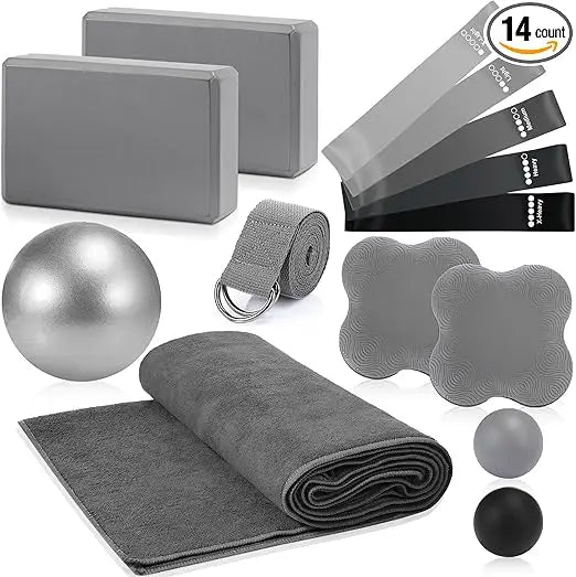 14 Pcs Yoga Kits for Home Workouts Pilates Equipment Set for Women/Beginners Include Hot Yoga Towel Blocks Strap, Knee Pad