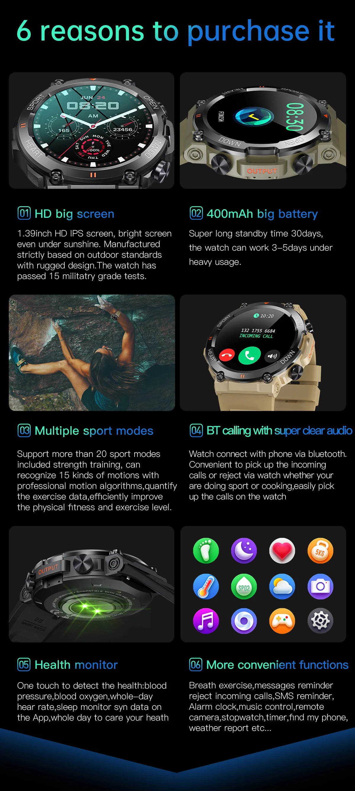 SENBONO Men's Smart Watch Big Screen Bluetooth Call 400mAh Military/Outdoor Sports Fitness Tracker Smartwatch Men Women K56