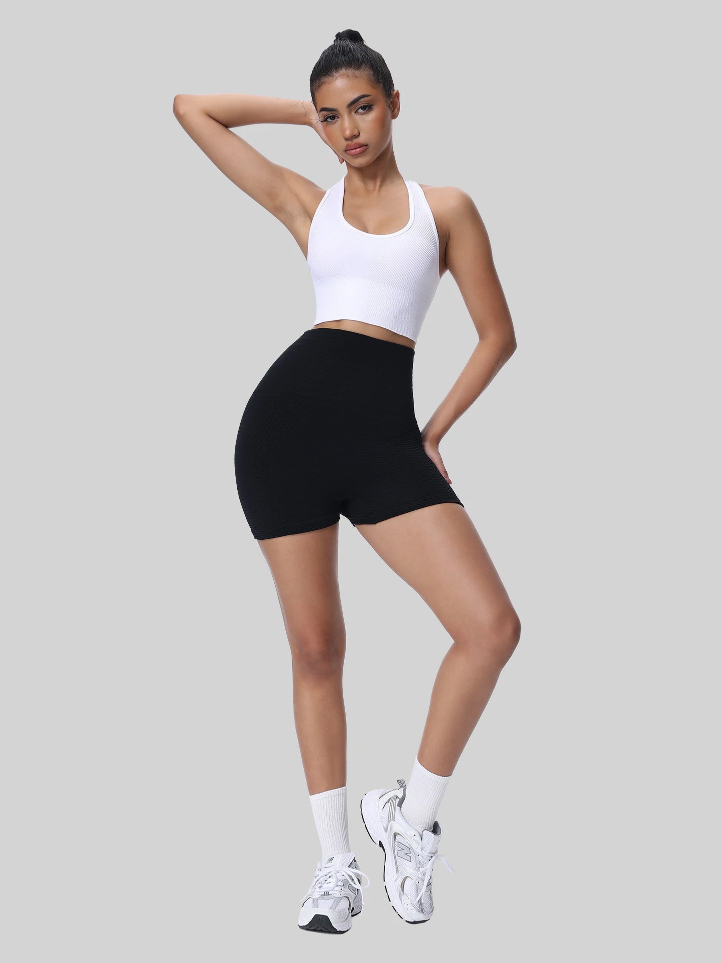 Women's Black Knitted Fabric Track Shorts Casual/High Waist Plain Slight Stretch Short for Sports