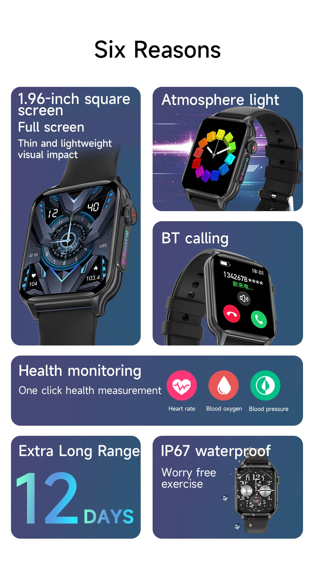 AOLON P6 1.96'' Amoled Smartwatch Men Health Monitoring IP68 Waterproof/BT5.4 Voice Calling Smart Watch Women