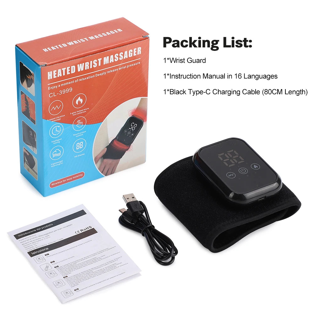 Cordless Heated Hand Wrist Massager with Vibration 3 Heat Levels/3 Massage Modes Smart Touch Control, Electric Wrist Brace Wrap