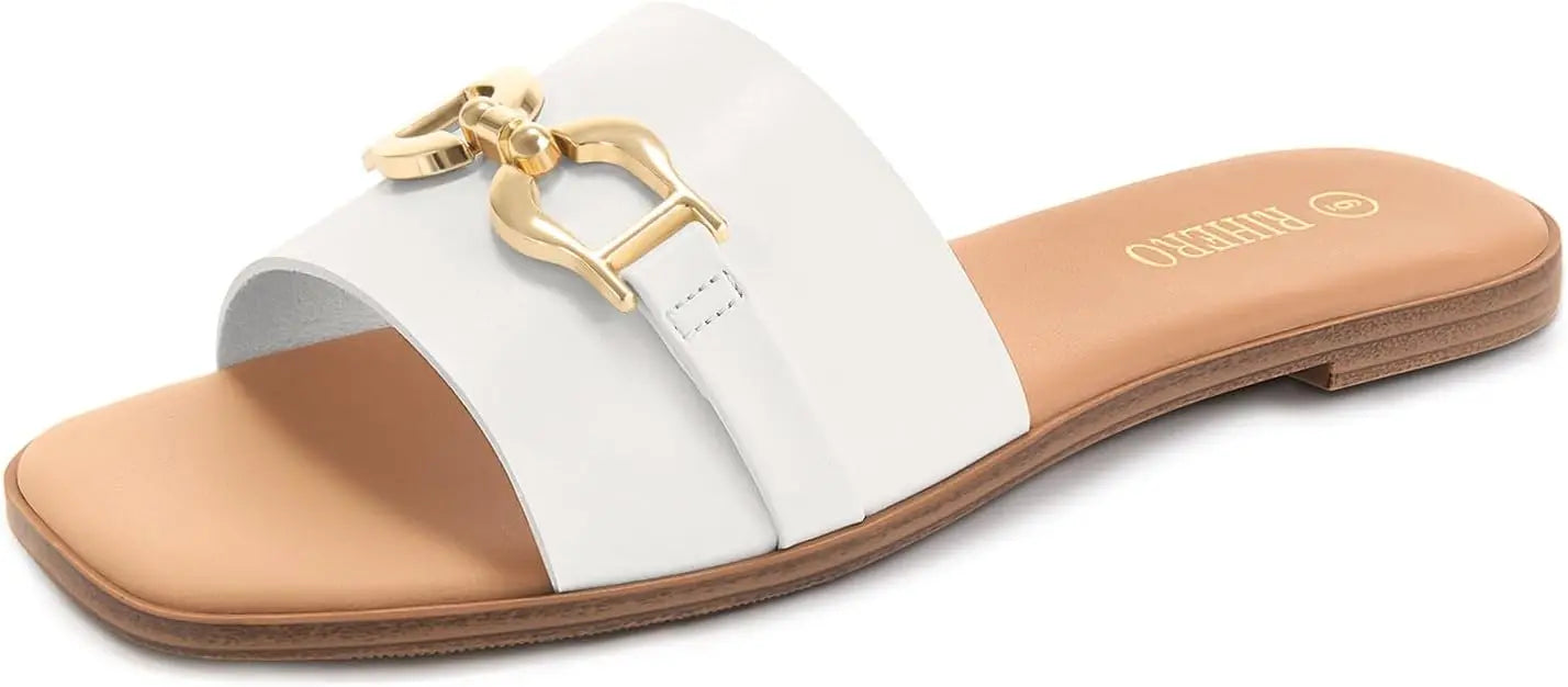 Women's Flat Sandals Summer Comfortable/Square Open Toe Slip On Leather Slide Sandals