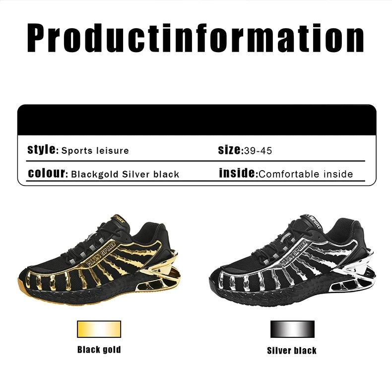 Men's air cushioned road running shoes, breathable weaving lightweight/and fashionable walking sports shoes, gold and silver