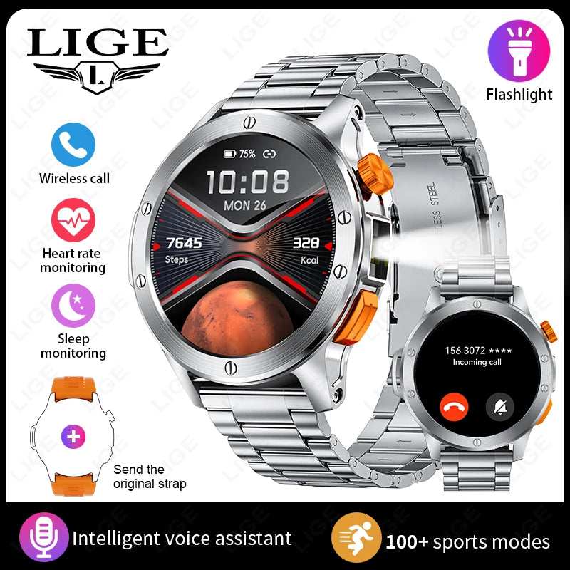 LIGE Sports Smart Watch Men LED Flashlight IP68 Waterproof/Bluetooth Call Health Watches Voice Assistant Military Smartwatch Men