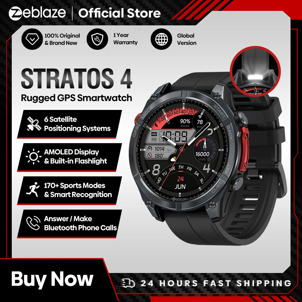 NEW Zeblaze Stratos 4 GPS Smart Watch 1.43 AMOLED Display Built-in Compass/Barometric Altimeter Flashlight Voice Call Smartwatch