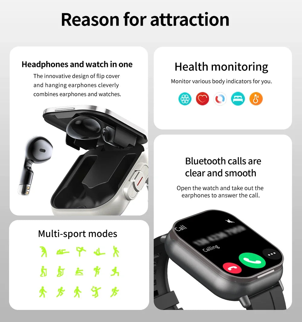 2025 D8 Smartwatch NFC Heart Rate Monitor Earbuds/Music Control Pedometer For iPhone Android