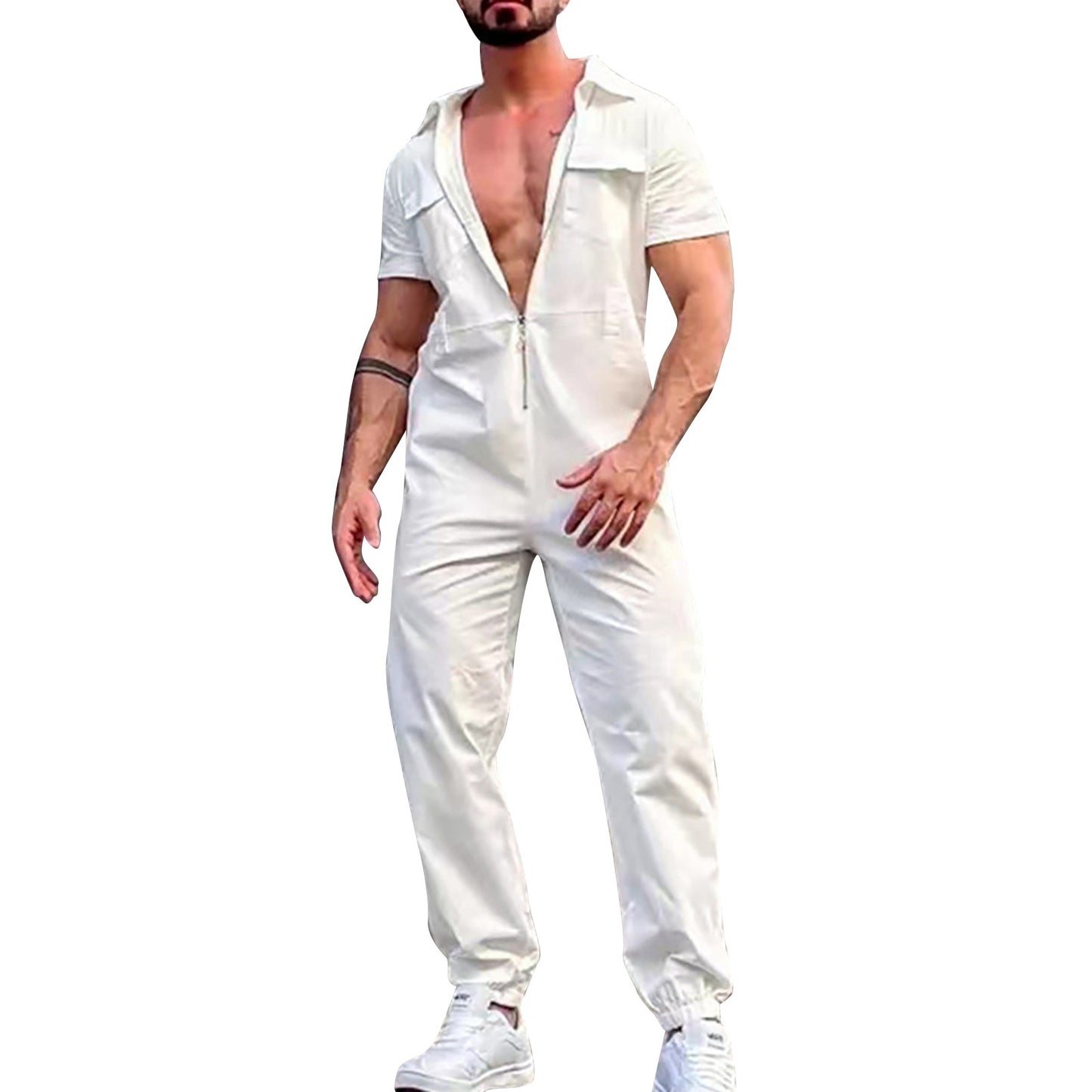 Men'S Casual Jumpsuit Zip Up Sports Trousers Belt Overalls Jumpsuit Summer Suit Soild Clothing For Men Loose Streetwear Hombre