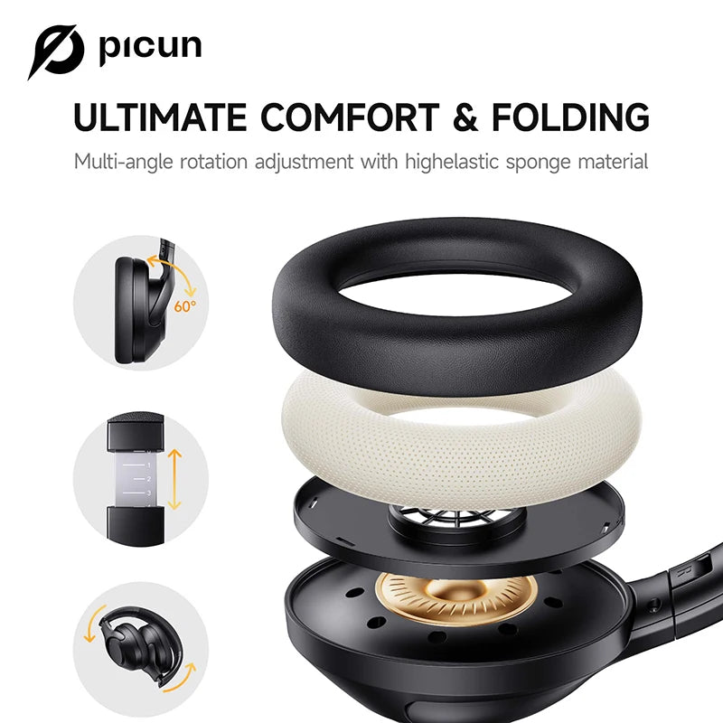 Picun F2 ANC Bluetooth Headphones Noise Canceling HD Mic/ENC Calls 25ms Low Latency Wireless Headset HIFI Sound