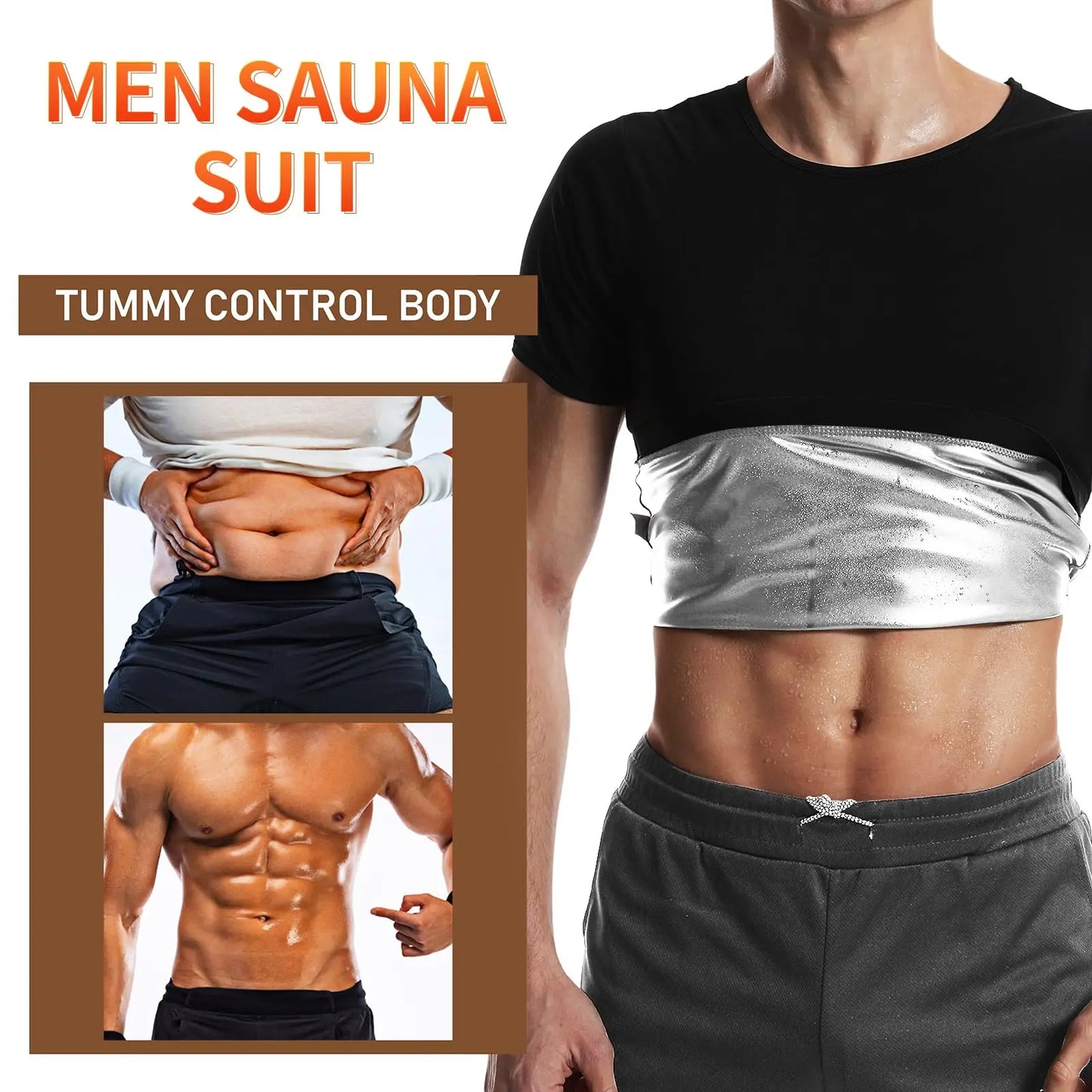 Pop Closets Sauna Shirt for Men Sweat Suit Short Sleeve Compression T-Shirt/Weight Loss Body Shaper Shirts for Workout Sports