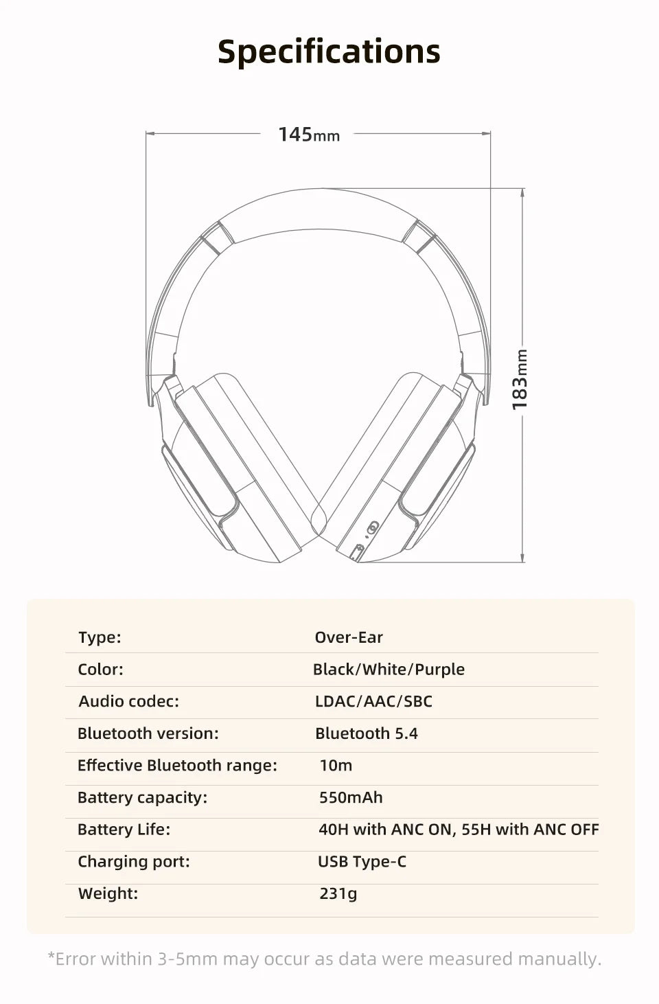 QCY H3 PRO Adaptive ANC Wireless Headphones Over Ear Headset/50dB with LDAC Hi-Res Wireless Audio Bluetooth 5.4 Dual Connection