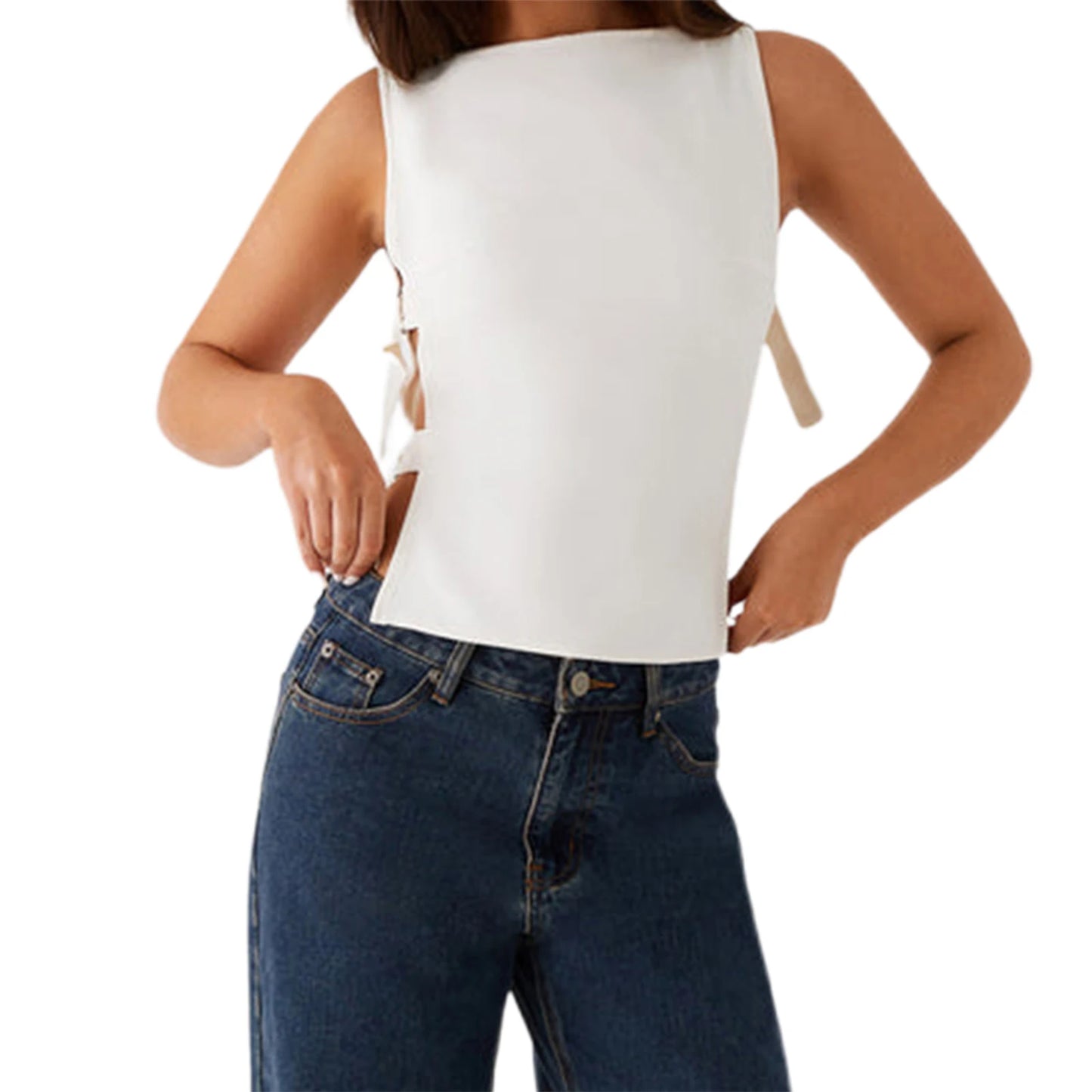 Women s Sleeveless Boat Neck Tank Tops/with Side Buckle Detail Solid Color Fit Vest for Summer Style