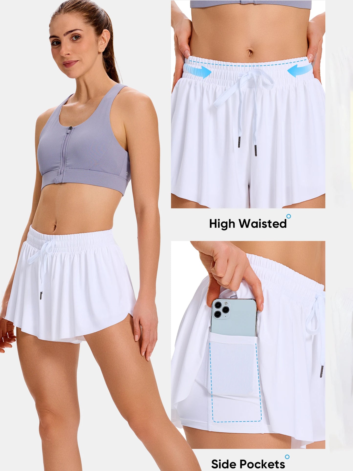 Women's Two-In-One Shorts Gym Yoga Running Sweat-Absorbent Breathable/Tennis Skirt Drawstring Pocket Casual Shorts Quick-Drying