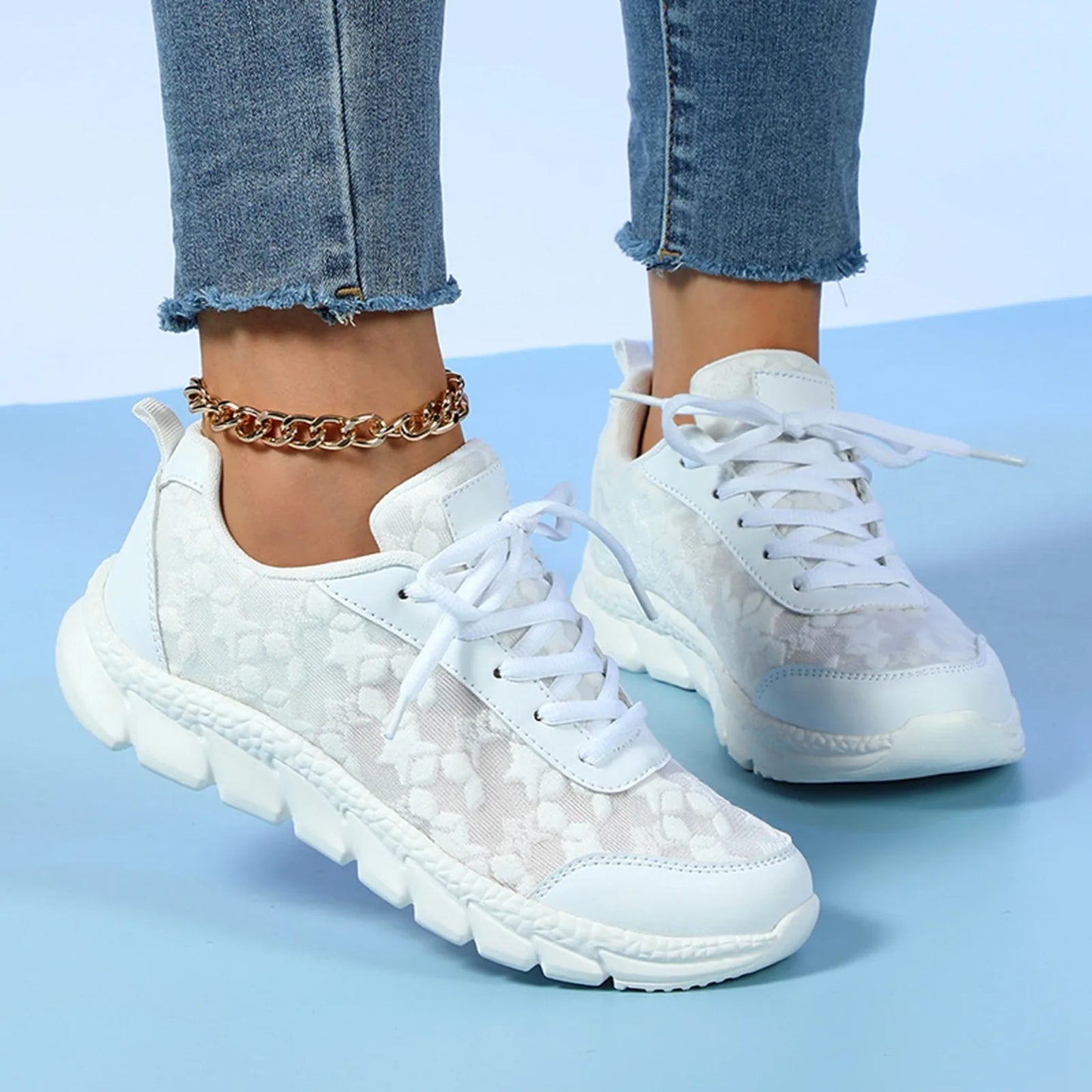 Women's Fashion Vulcanized Sneakers Breathable Mesh Leather/Patchwork Platform Shoes Color Matching Lace Up Running Shoes